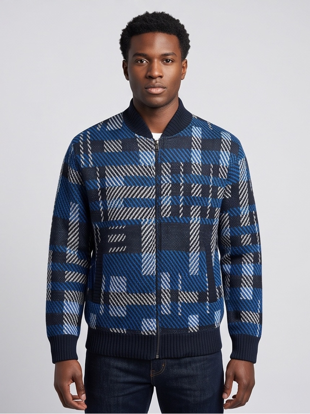 Inserch Men's Blue Plaid Zip-Front Sweater  knitted Jacket bomber fleece lining